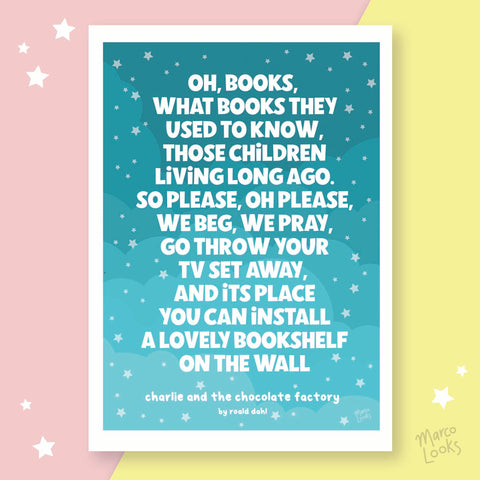 Charlie and the Chocolate Factory Quote Art Print, A4, Blue