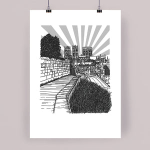 York City Walls (in Black and White), Hand Illustrated Print by York Minster in the Background