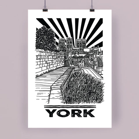 York City Walls, Hand Illustrated Print by York Minster in the Background