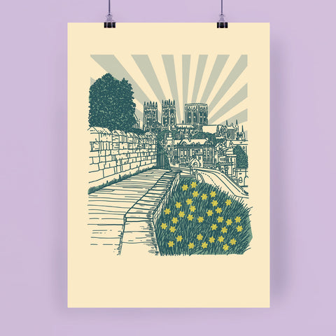 York City Walls (in Spring), Hand Illustrated Print by York Minster in the Background