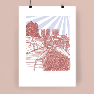 York City Walls (in Summer Tones), Hand Illustrated Print by York Minster in the Background