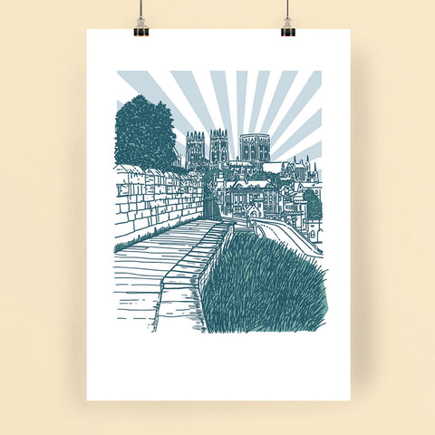 York City Walls (in Teals), Hand Illustrated Print by York Minster in the Background